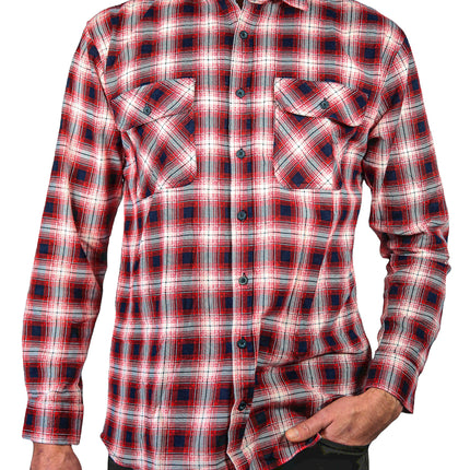 Mens 100% Cotton Flannelette Shirt Long Sleeve Check Authentic Flannel - Red/Navy - 4XL