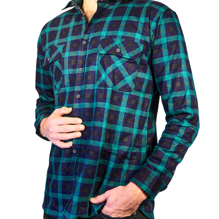 Mens 100% Cotton Flannelette Shirt Long Sleeve Check Authentic Flannel - Green/Navy - XXL