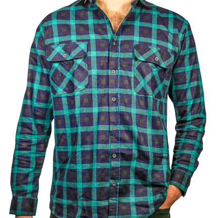 Mens 100% Cotton Flannelette Shirt Long Sleeve Check Authentic Flannel - Green/Navy - 6XL