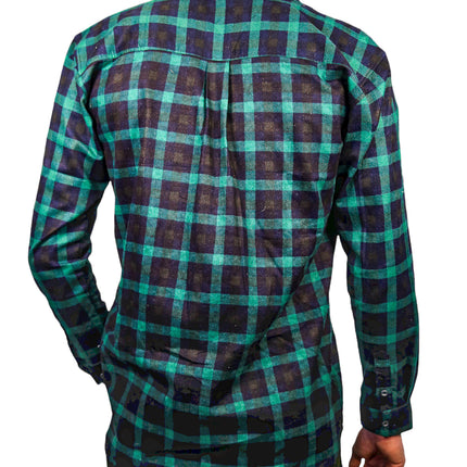 Mens 100% Cotton Flannelette Shirt Long Sleeve Check Authentic Flannel - Green/Navy - L
