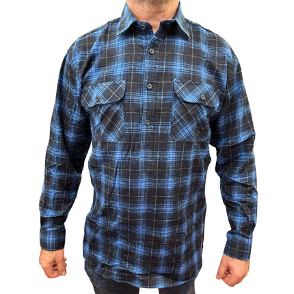 Mens Flannelette Long Sleeve Pullover Shirt 100% Cotton Flannel - Half Placket - Blue - L