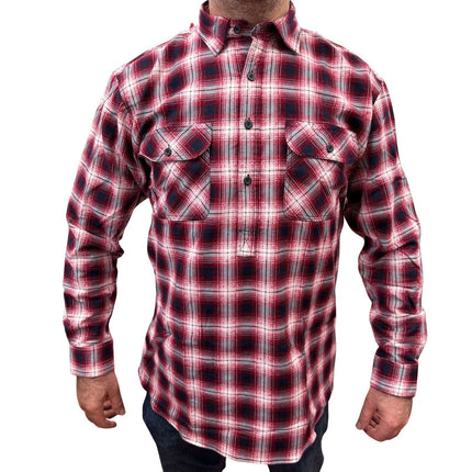 Mens Flannelette Long Sleeve Pullover Shirt 100% Cotton Flannel - Half Placket - Red/Black - 6XL