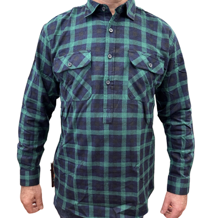 Mens Flannelette Long Sleeve Pullover Shirt 100% Cotton Flannel - Half Placket - Green/Navy - 6XL