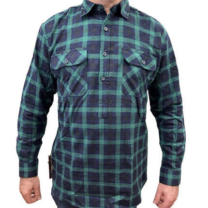 Mens Flannelette Long Sleeve Pullover Shirt 100% Cotton Flannel - Half Placket - Green/Navy - 6XL