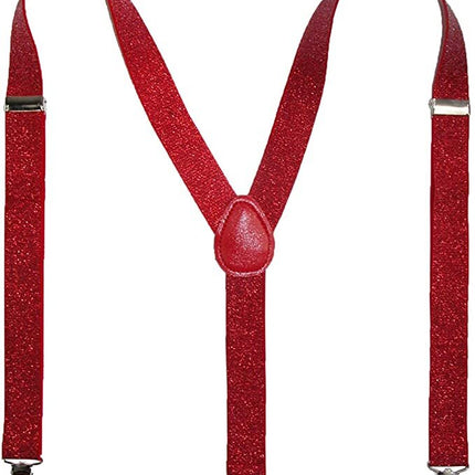 GLITTER SPARKLE SUSPENDERS Braces Clipon Elastic Y-Back Slim Adjustable  - Red (Glitter)