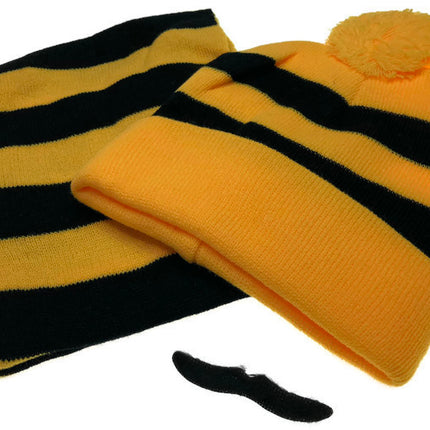 Tigers Beanie Hat & Scarf Set Party Costume w Moustache Warm Winter - Black/Yellow Stripe