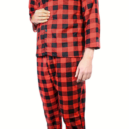 Mens Flannelette Pyjama Set Sleepwear Soft 100% Cotton PJs Two Piece Pajamas - Red - 3XL