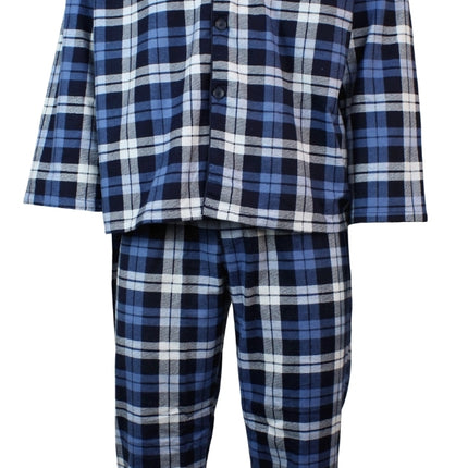 Mens Flannelette Pyjama Set Sleepwear Soft 100% Cotton PJs Two Piece - Blue/Multi Check - S
