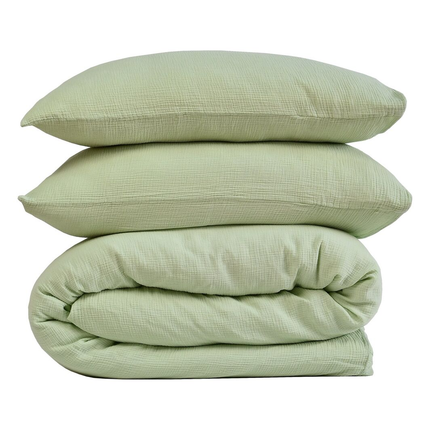 100% Cotton Muslin Duvet Quilt Cover Set w/ 2 Pillow Cases in Pastel Green - Double