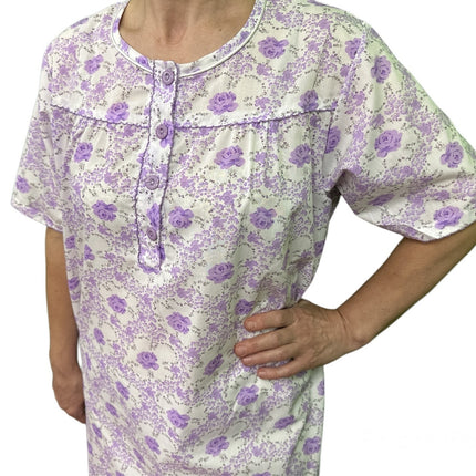 Womens 100% Cotton Short Sleeve Nightie Gown Night Sleepwear Pyjamas PJ Pajamas - Lilac - 18