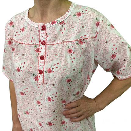 Womens 100% Cotton Short Sleeve Nightie Gown Night Sleepwear Pyjamas PJ Pajamas - Pink - 16