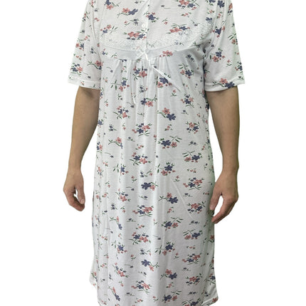 Womens Ladies Cotton Nightie Night Gown Slip Petticoat PJs Sleepwear Dress - White/Pink - 12
