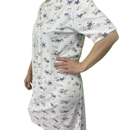 Womens Ladies Cotton Nightie Night Gown Slip Petticoat PJs Sleepwear Dress - White/Pink - 20