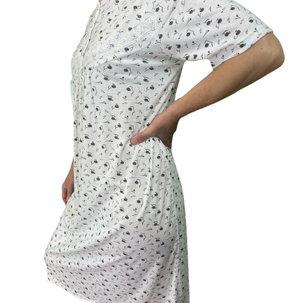 Womens Ladies Cotton Nightie Night Gown Slip Petticoat PJs Sleepwear Dress - White/Purple - 18