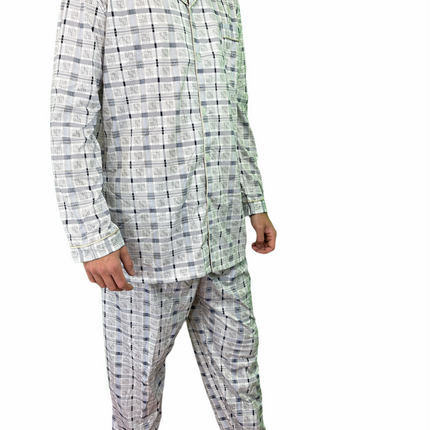 Mens Cotton Pajamas Pyjamas PJs Long Sleeve Shirt Tops + Pants Set Sleepwear - White/Blue - M