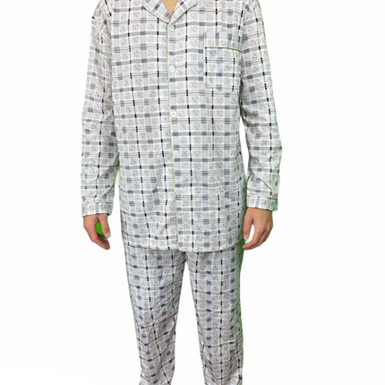 Mens Cotton Pajamas Pyjamas PJs Long Sleeve Shirt Tops + Pants Set Sleepwear - White/Blue - M