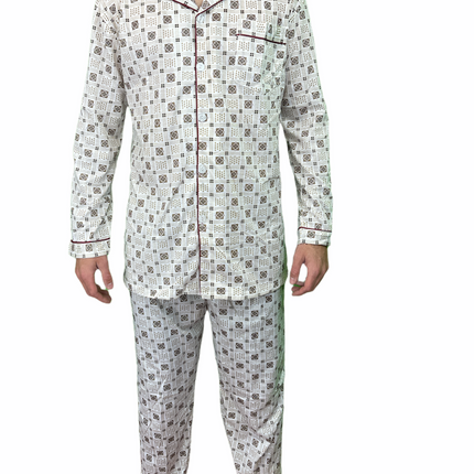 Mens Cotton Pajamas Pyjamas PJs Long Sleeve Shirt Tops + Pants Set Sleepwear - White/Brown - S
