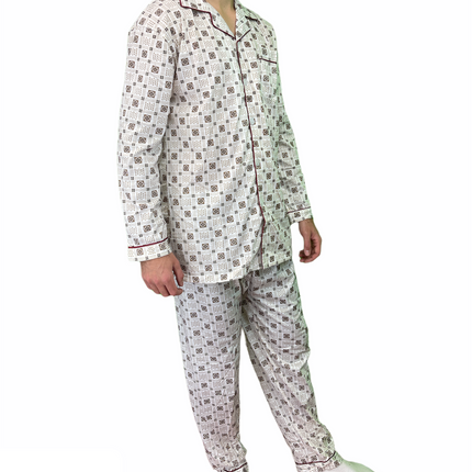 Mens Cotton Pajamas Pyjamas PJs Long Sleeve Shirt Tops + Pants Set Sleepwear - White/Brown - XXL