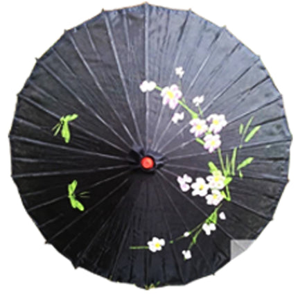 PARASOL UMBRELLA Chinese Japanese Bamboo Flower Pattern Fabric 80cm Diameter - Black