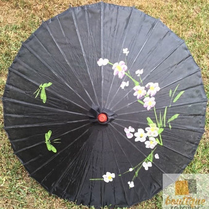 PARASOL UMBRELLA Chinese Japanese Bamboo Flower Pattern Fabric 80cm Diameter - Black