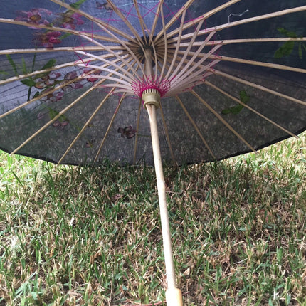 PARASOL UMBRELLA Chinese Japanese Bamboo Flower Pattern Fabric 80cm Diameter - Black