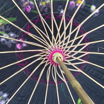 PARASOL UMBRELLA Chinese Japanese Bamboo Flower Pattern Fabric 80cm Diameter - Black