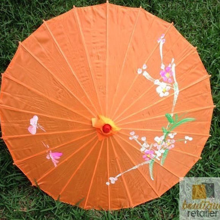 PARASOL UMBRELLA Chinese Japanese Bamboo Flower Pattern Fabric 80cm Diameter - Orange