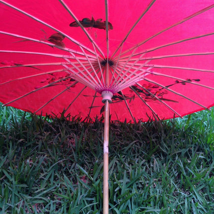 PARASOL UMBRELLA Chinese Japanese Bamboo Flower Pattern Fabric 80cm Diameter - Red