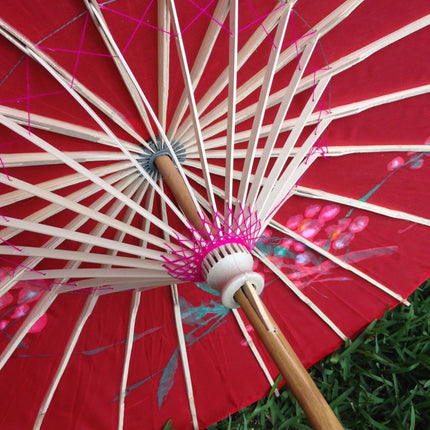 PARASOL UMBRELLA Chinese Japanese Bamboo Flower Pattern Fabric 80cm Diameter - Red