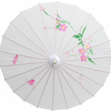 PARASOL UMBRELLA Chinese Japanese Bamboo Flower Pattern Fabric 80cm Diameter - White