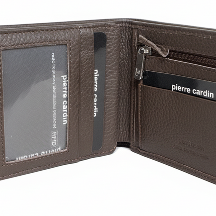 Pierre Cardin Mens Leather Tri Fold Wallet w/ RFID Protection - Brown