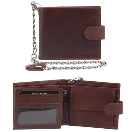 Pierre Cardin Zip Around Mens Leather Wallet with Chain in Chestnut