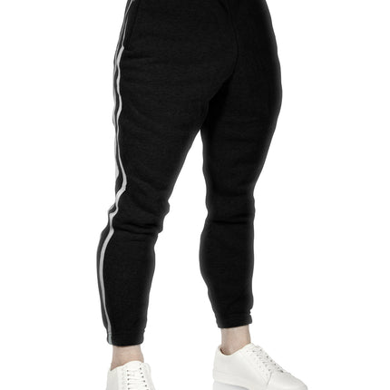 Mens Fleece Skinny Track Pants Jogger Gym Casual Sweat Trackies Warm Trousers - Black/White Stripe - L
