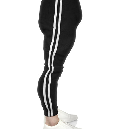 Mens Fleece Skinny Track Pants Jogger Gym Casual Sweat Trackies Warm Trousers - Black/White Stripe - XL