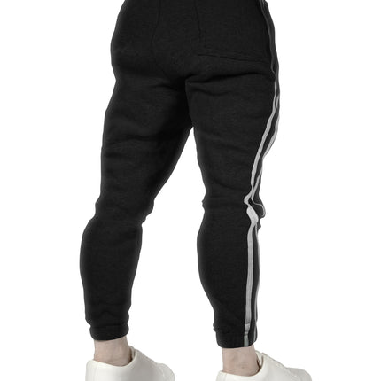 Mens Fleece Skinny Track Pants Jogger Gym Casual Sweat Trackies Warm Trousers - Black/White Stripe - XL