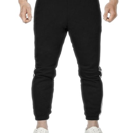Mens Fleece Skinny Track Pants Jogger Gym Casual Sweat Trackies Warm Trousers - Black/White Stripe - XXL