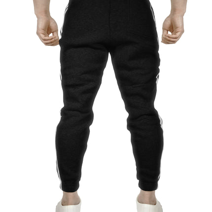 Mens Fleece Skinny Track Pants Jogger Gym Casual Sweat Trackies Warm Trousers - Black/White Stripe - XXL
