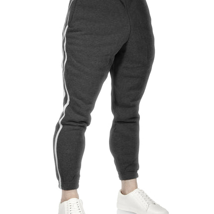 Mens Fleece Skinny Track Pants Jogger Gym Casual Sweat Trackies Warm Trousers - Charcoal Marle/White Stripe - L