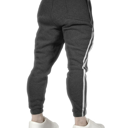 Mens Fleece Skinny Track Pants Jogger Gym Casual Sweat Trackies Warm Trousers - Charcoal Marle/White Stripe - L