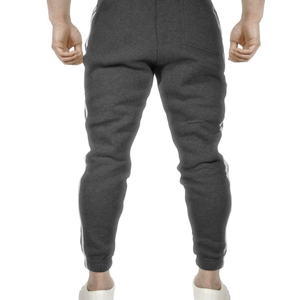 Mens Fleece Skinny Track Pants Jogger Gym Casual Sweat Trackies Warm Trousers - Charcoal Marle/White Stripe - L