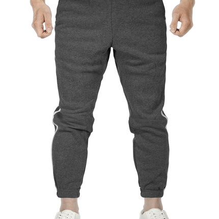 Mens Fleece Skinny Track Pants Jogger Gym Casual Sweat Trackies Warm Trousers - Charcoal Marle/White Stripe - XL