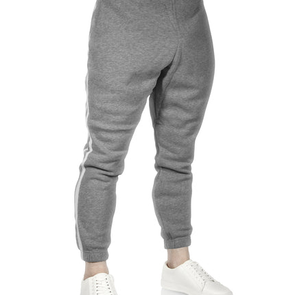 Mens Fleece Skinny Track Pants Jogger Gym Casual Sweat Trackies Warm Trousers - Grey Marle/White Stripe - L