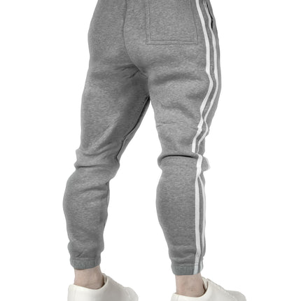 Mens Fleece Skinny Track Pants Jogger Gym Casual Sweat Trackies Warm Trousers - Grey Marle/White Stripe - XL
