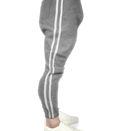 Mens Fleece Skinny Track Pants Jogger Gym Casual Sweat Trackies Warm Trousers - Grey Marle/White Stripe - XXL
