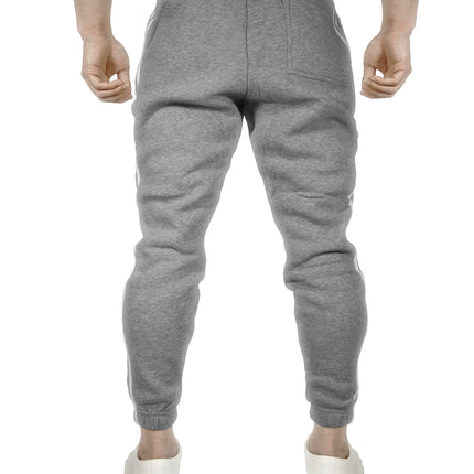 Mens Fleece Skinny Track Pants Jogger Gym Casual Sweat Trackies Warm Trousers - Grey Marle/White Stripe - XXL