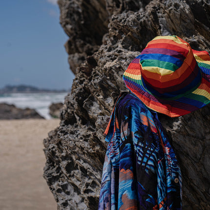 Rainbow Terry Towelling Bucket Hat Gay Lesbian Mardi Gras Party Cap LGBT - Reversible - Medium (57cm)