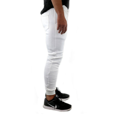Mens Skinny Track Pants Joggers Trousers Gym Casual Sweat Cuffed Slim Trackies Fleece - White - L