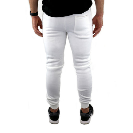 Mens Skinny Track Pants Joggers Trousers Gym Casual Sweat Cuffed Slim Trackies Fleece - White - M