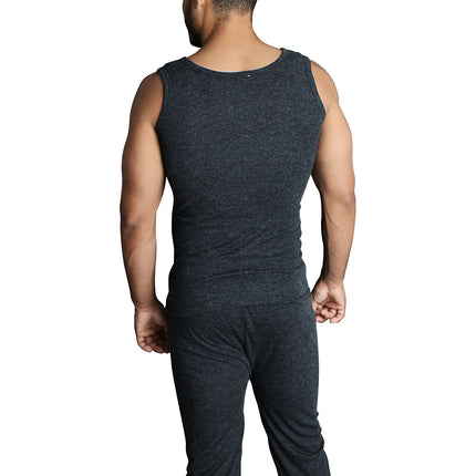 Mens THERMAL Merino Wool Blend Singlet Top Sleeveless Warm Underwear - Black - XL