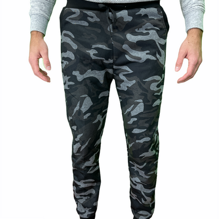 Mens Camouflage Track Pants Fleece Lined Jogger Camo Sweatpants Trackies - Black/Grey - Small/Medium (28""-32"")